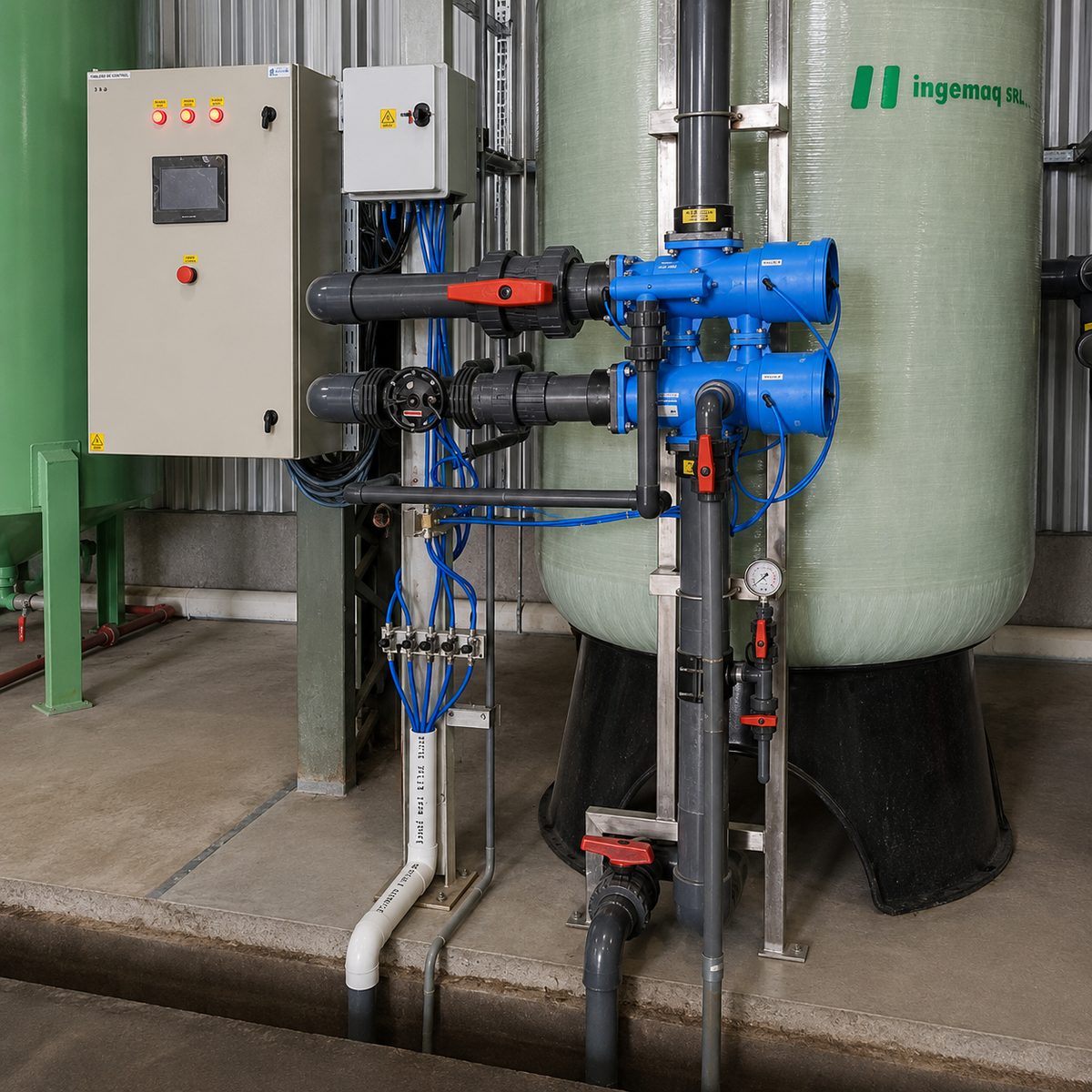 Tanque de tratamiento de agua con tablero de control