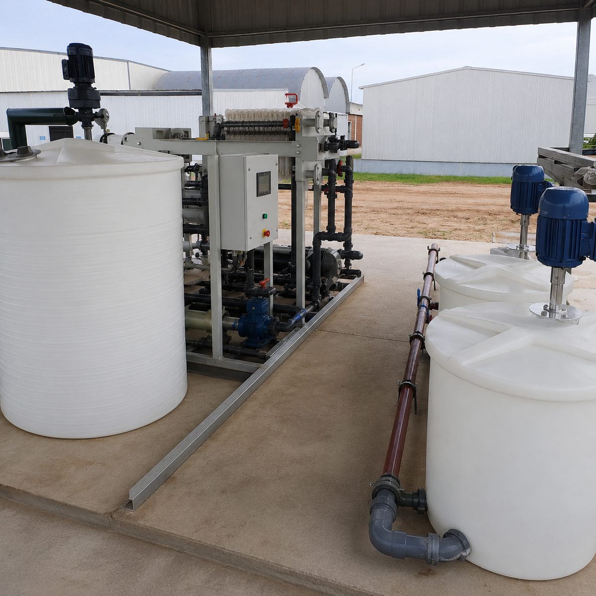 Planta de tratamiento de efluentes con tanques y bombas